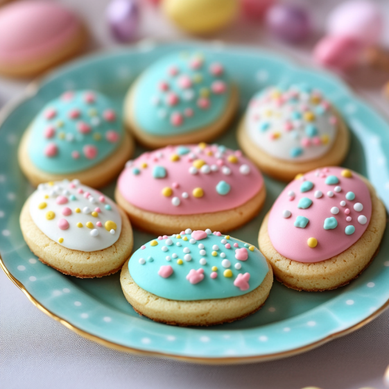 Easy Easter Egg Sugar Cookies 9 Ingredients for making easy Easter egg sugar cookies on a kitchen counter.