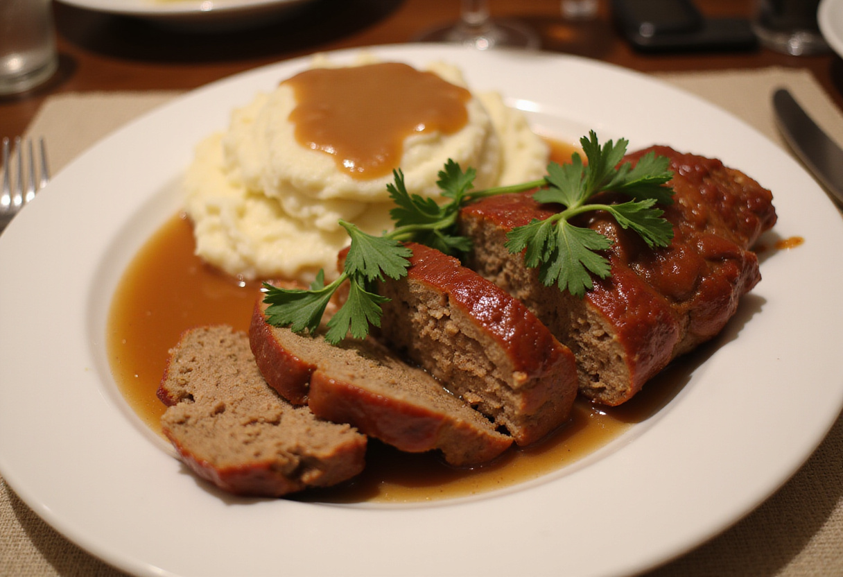 Finished All-American Meatloaf served with mashed potatoes and gravy.