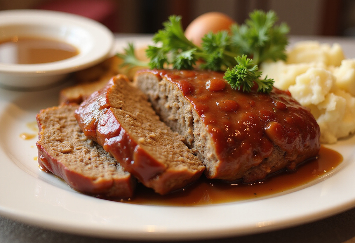 All-American Meatloaf 8 Finished All-American Meatloaf served with mashed potatoes and gravy.