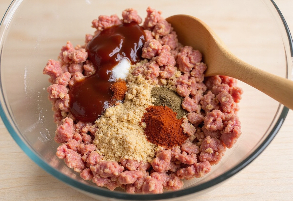 All-American Meatloaf 10 Mixing ground beef, pork, and spices in a bowl to prepare the All-American Meatloaf.