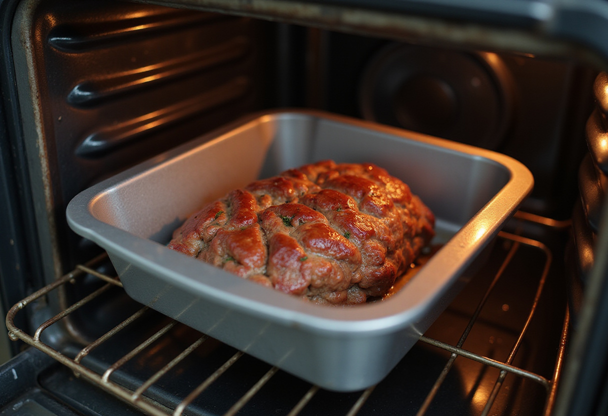 All-American Meatloaf 12 Placing the loaf pan with meatloaf into the oven for baking.