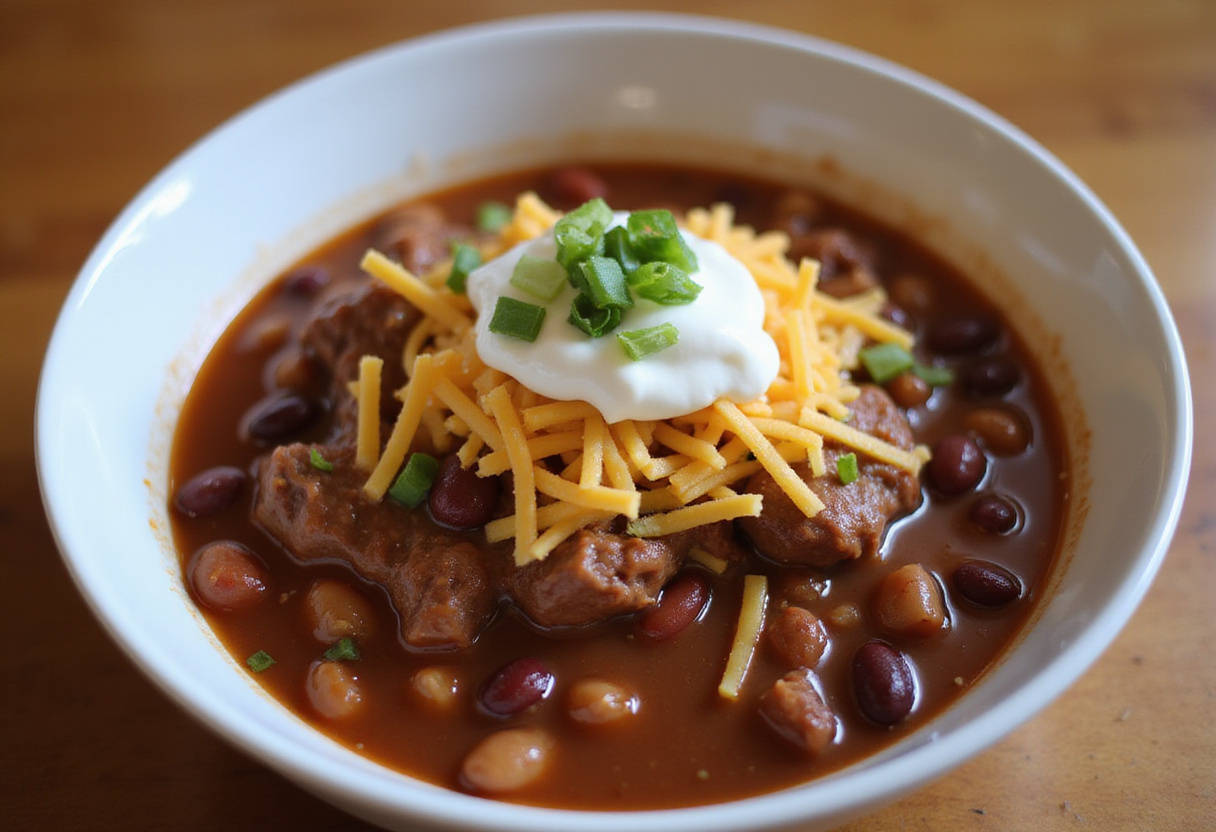 Delicious bowl of beef chili with beans, topped with cheese and sour cream.