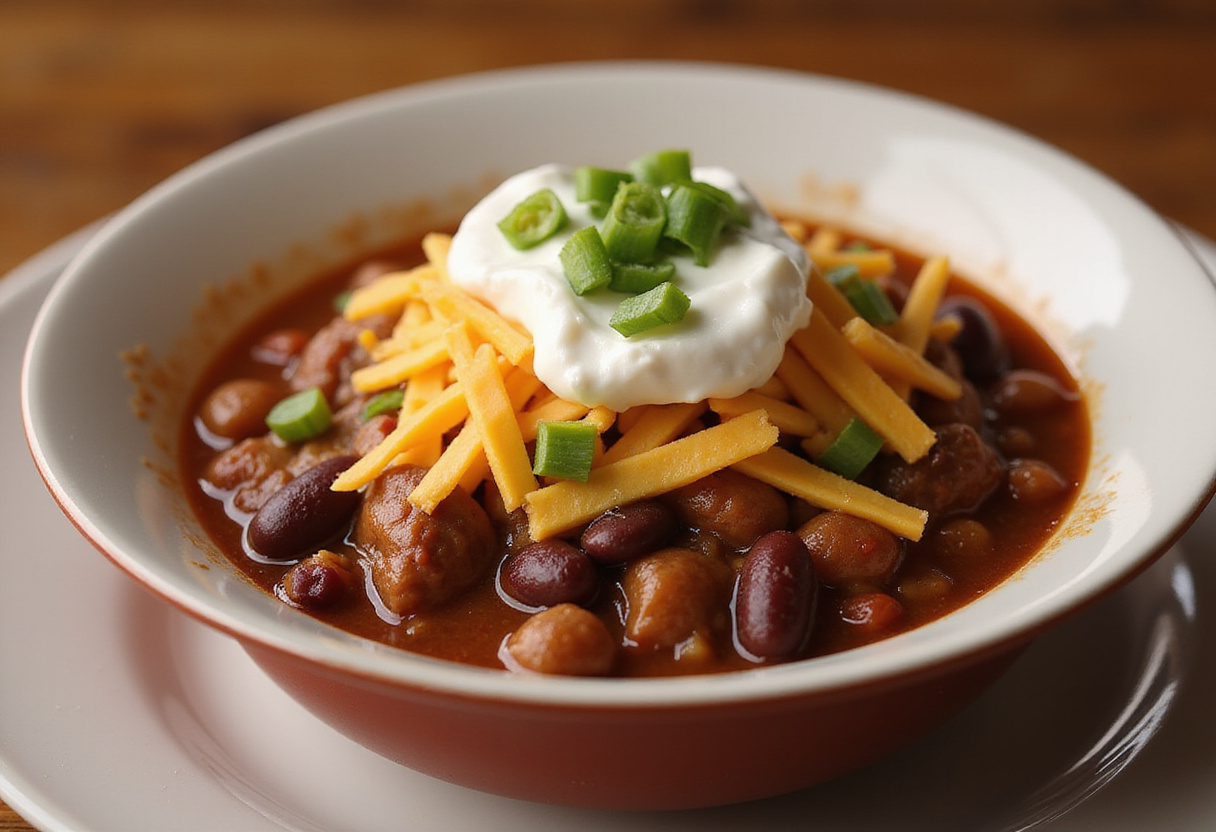 Beef Chili with Beans 8 Delicious bowl of beef chili with beans, topped with cheese and sour cream.