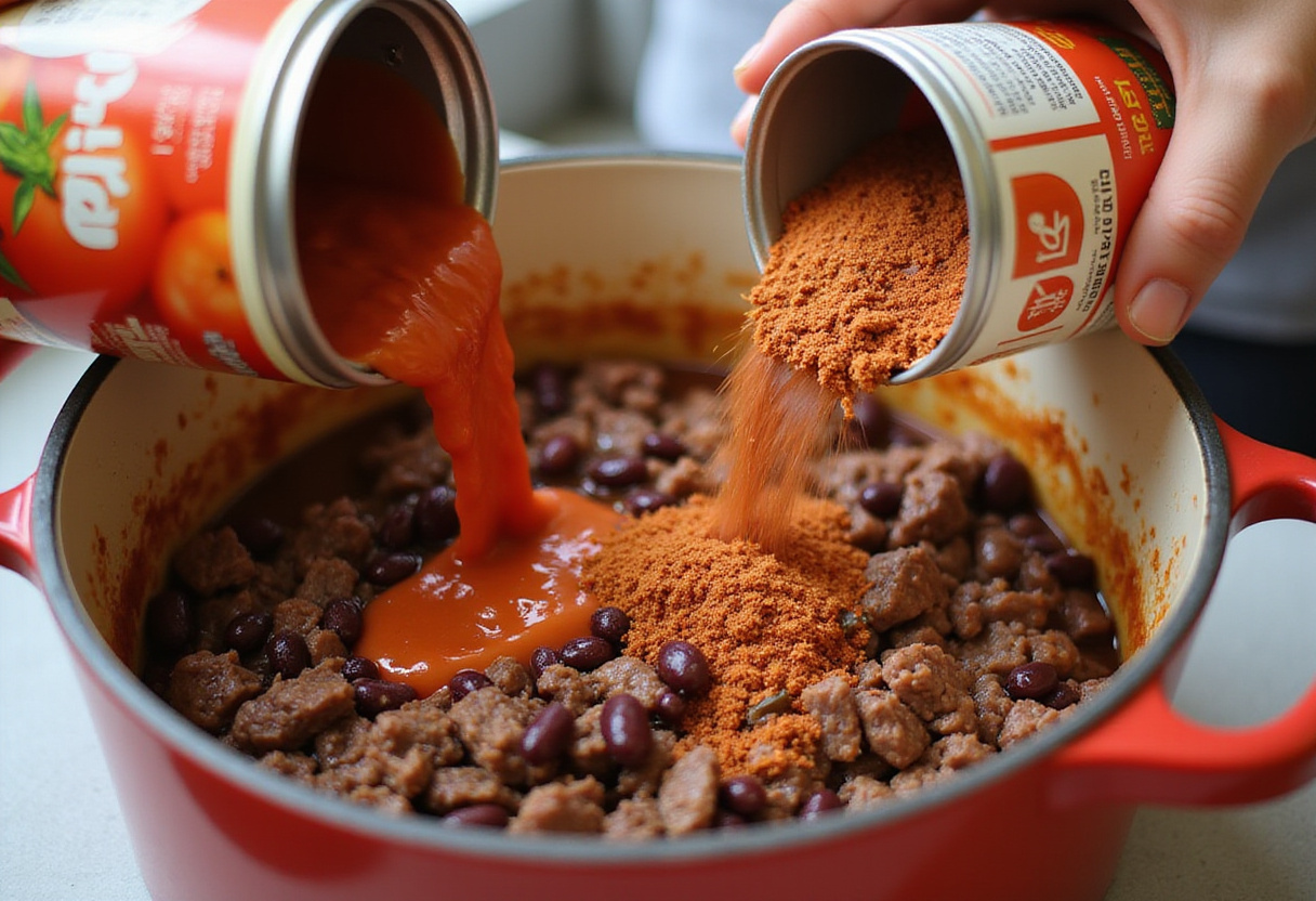 Beef Chili with Beans 10 Adding kidney beans and diced tomatoes to beef chili in the pot.