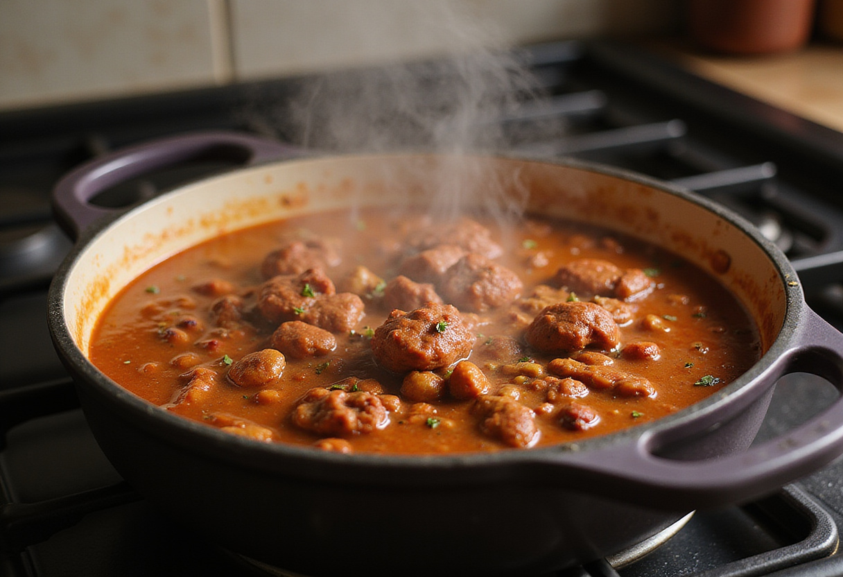 Beef Chili with Beans 11 Simmering beef chili on the stove, a hearty homemade meal.