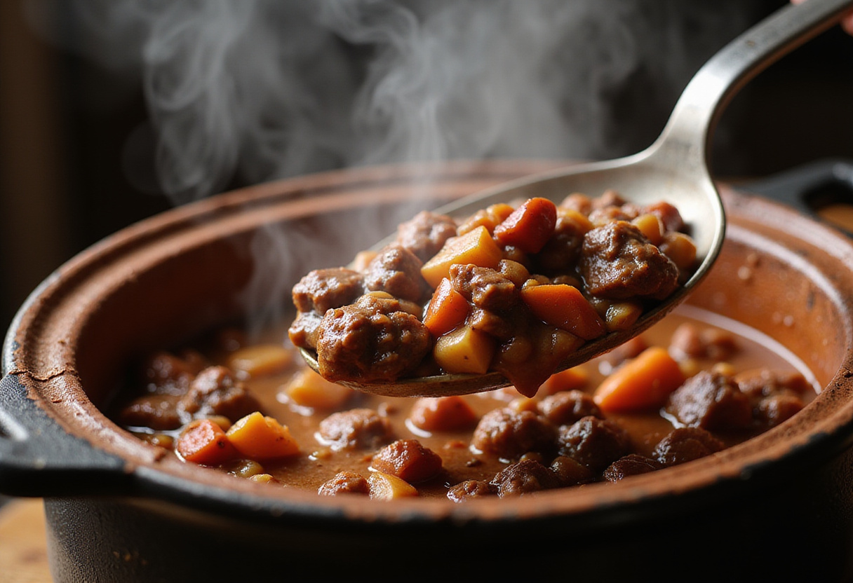 Beef Chili with Beans 12 Serving homemade beef chili with beans into a bowl.