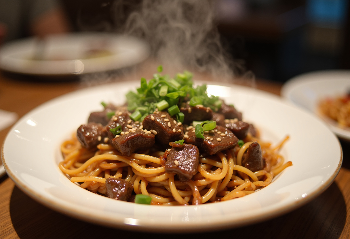 Delicious Beef Stir Fry with Noodles and Sticky Sauce, ready to serve.