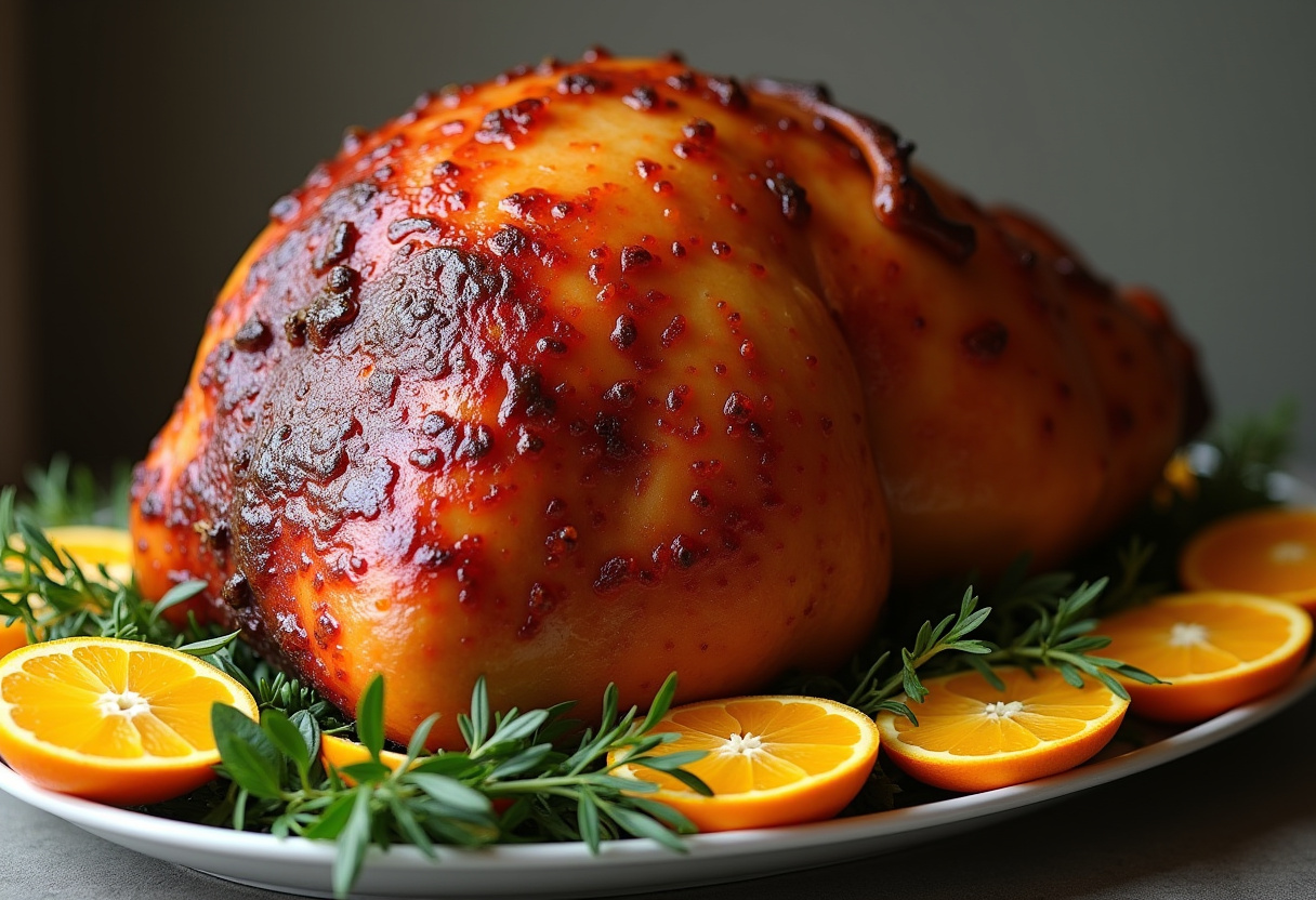 Perfectly glazed homemade ham with herbs and oranges, ready to serve.