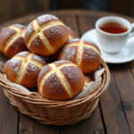 Delicious homemade hot cross buns in a basket, ready to eat.