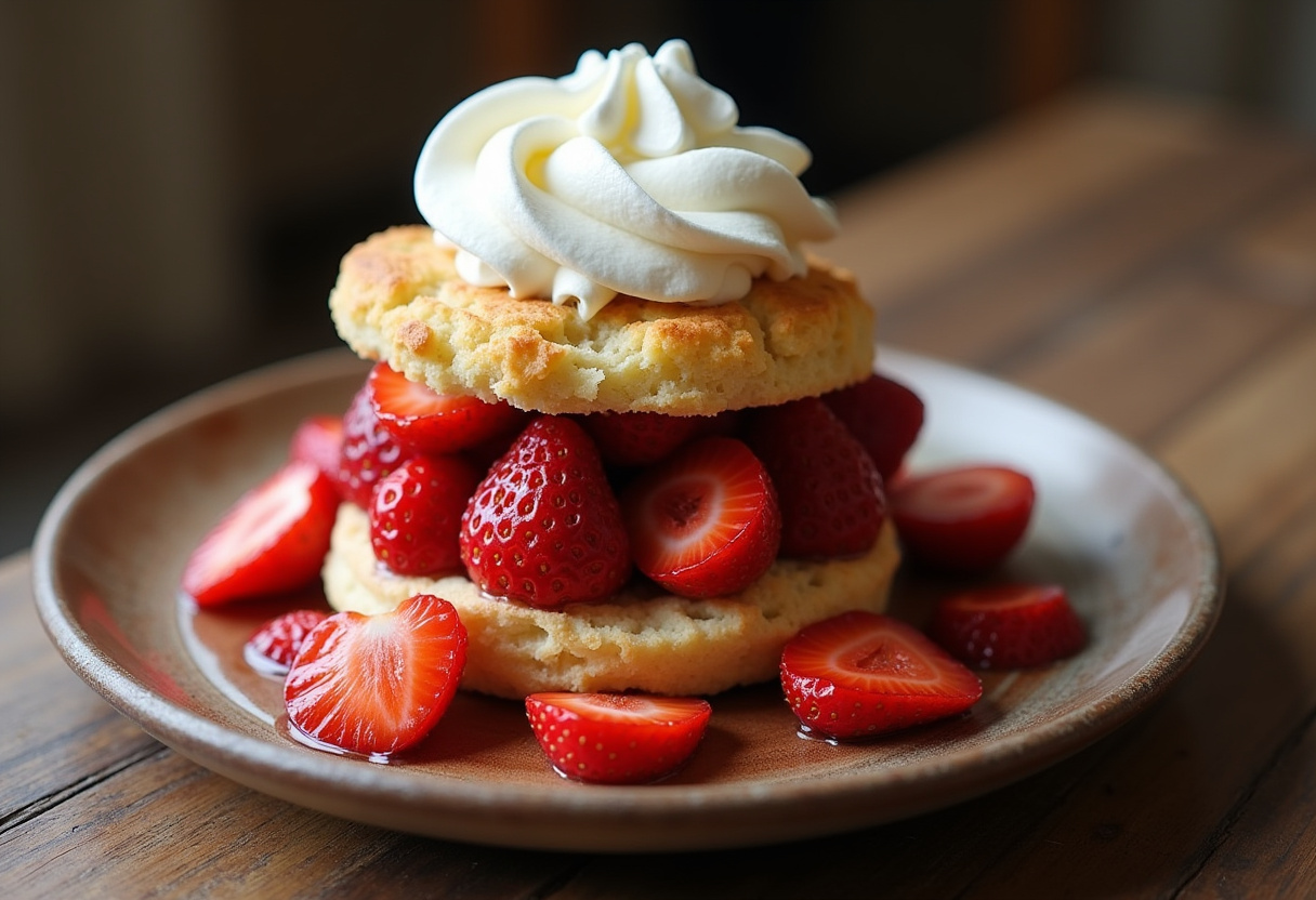 Best homemade strawberry shortcake with fresh strawberries and whipped cream is ready to eat.