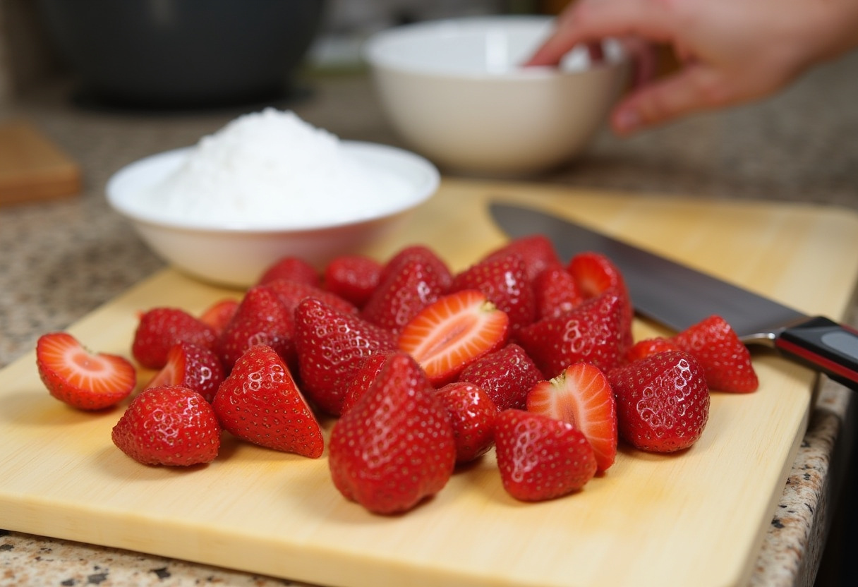 Best Homemade Strawberry Shortcake 11 Slicing fresh strawberries for the best homemade strawberry shortcake recipe.