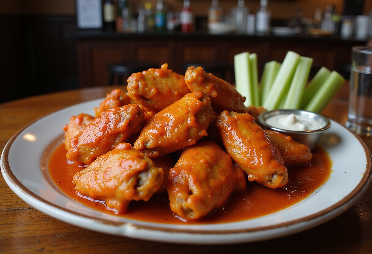 Finished Buffalo Chicken Wings with celery and blue cheese dressing, perfect for game day.