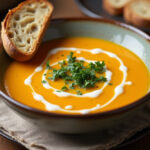 Creamy butternut squash soup garnished with herbs and served with bread.