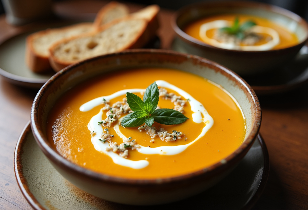 Creamy butternut squash soup garnished with herbs and served with bread.