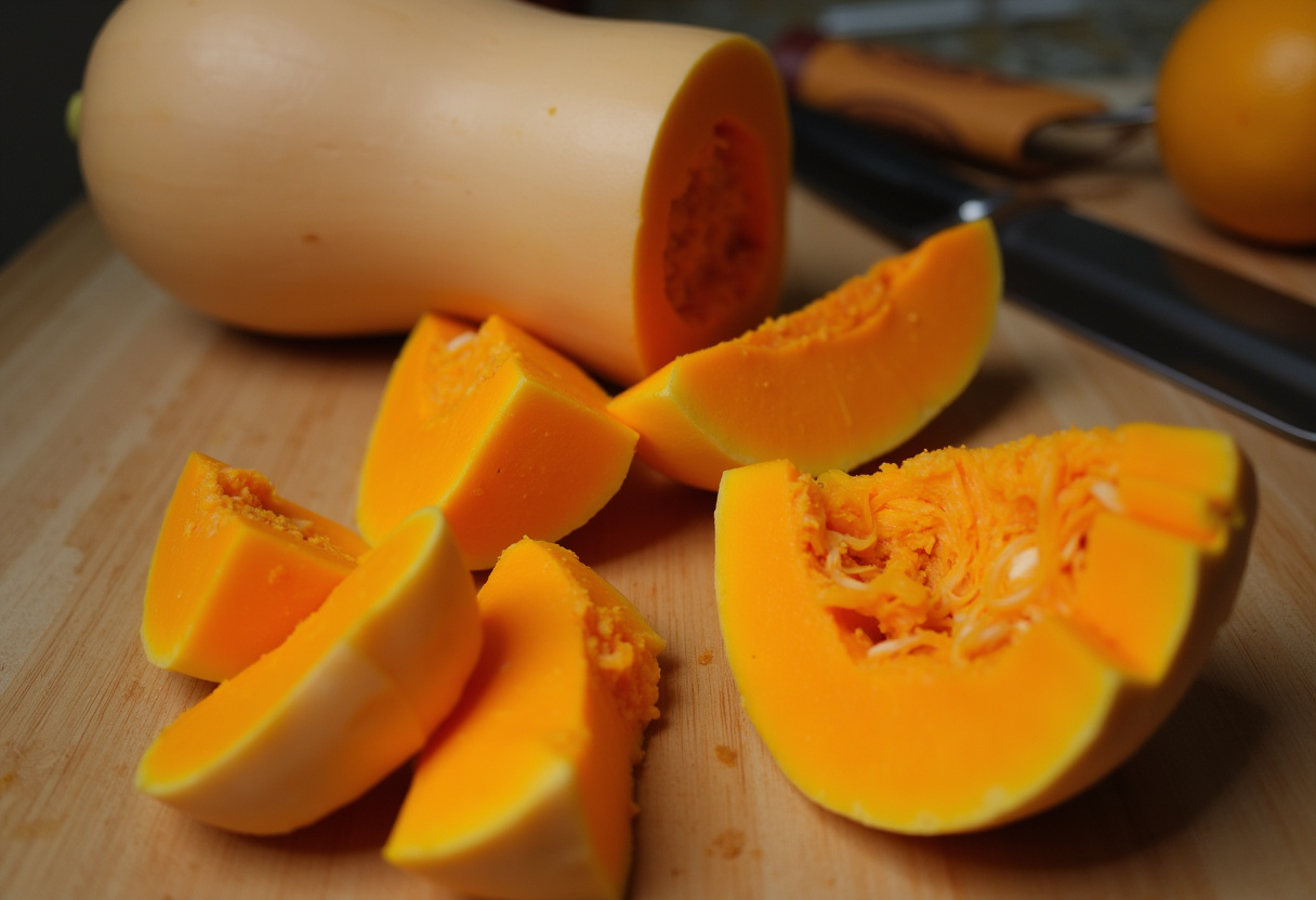 Fresh butternut squash being peeled and cubed for homemade soup.