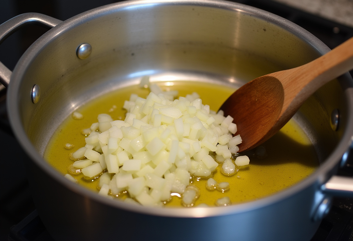 Pot with olive oil heating for sautéing onions and garlic in butternut squash soup.