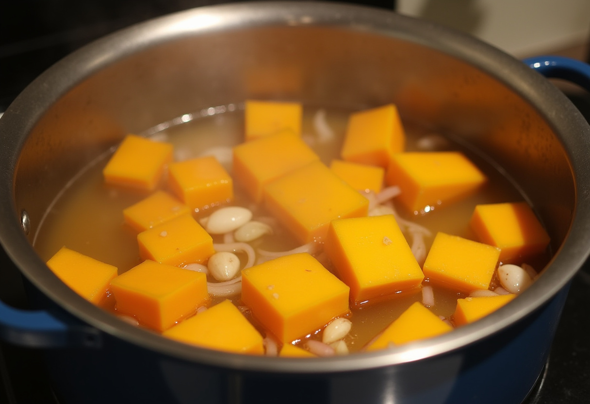 Simmering pot of butternut squash, onions, and garlic in broth for soup.