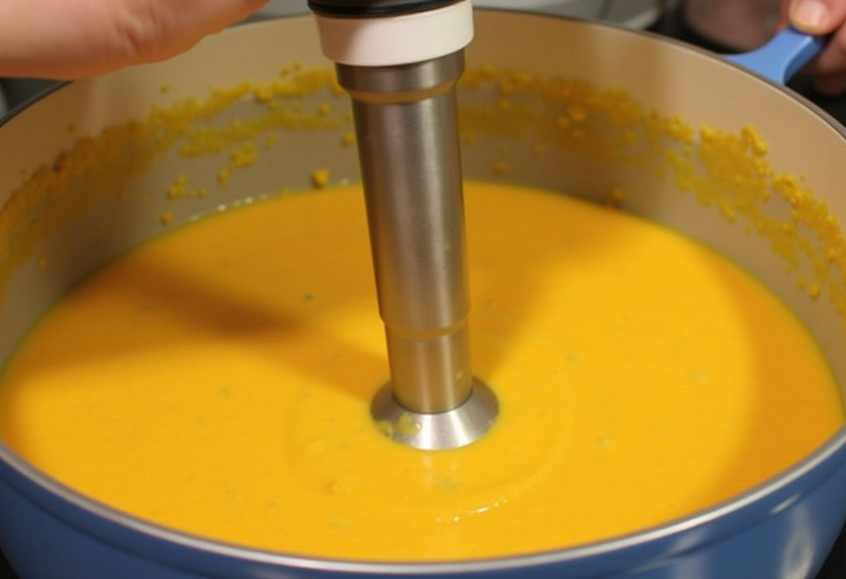 Immersion blender pureeing butternut squash soup to a smooth consistency.