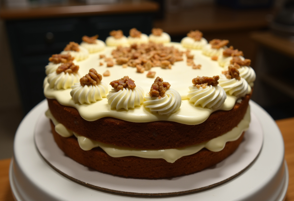 Finished Carrot Cake with a Twist, featuring cream cheese frosting and walnuts.