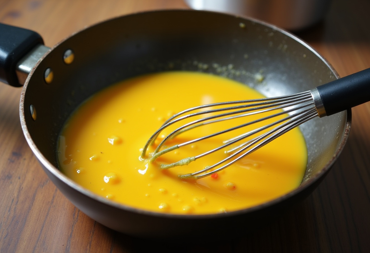 Whisked eggs ready to be added to the skillet for Cheesy Potato Egg Scramble.