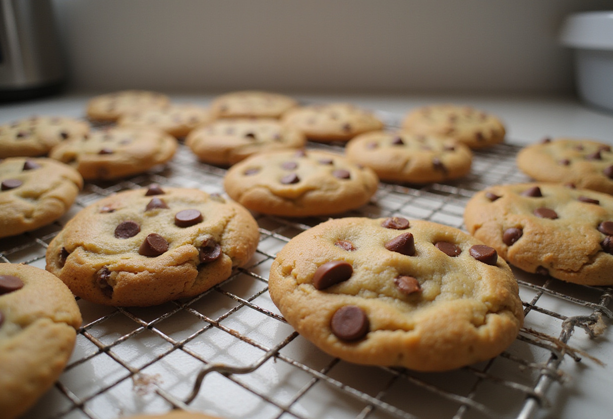 Freshly baked, golden brown chocolate chip cookies cooling on a rack.