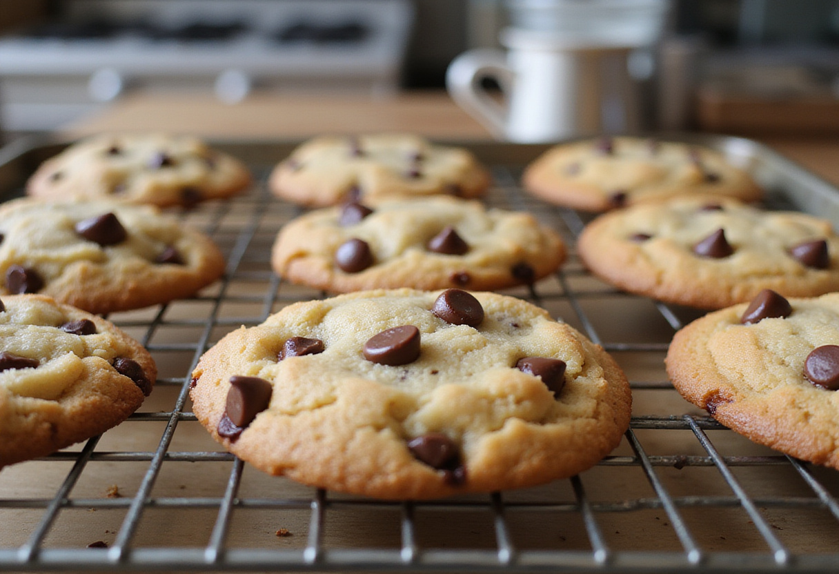 Chocolate Chip Cookies 8 Freshly baked, golden brown chocolate chip cookies cooling on a rack.