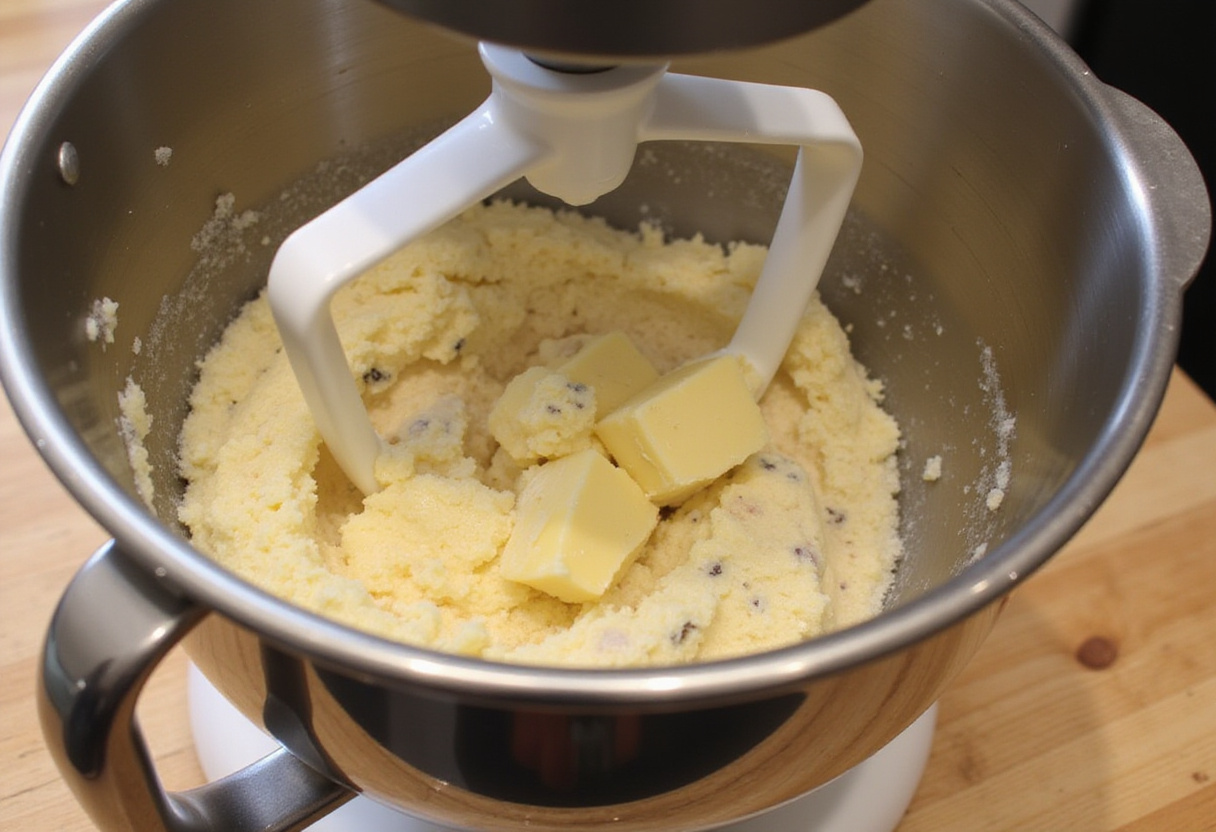 Chocolate Chip Cookies 10 Creaming butter and sugar together in a mixer for chocolate chip cookie dough.