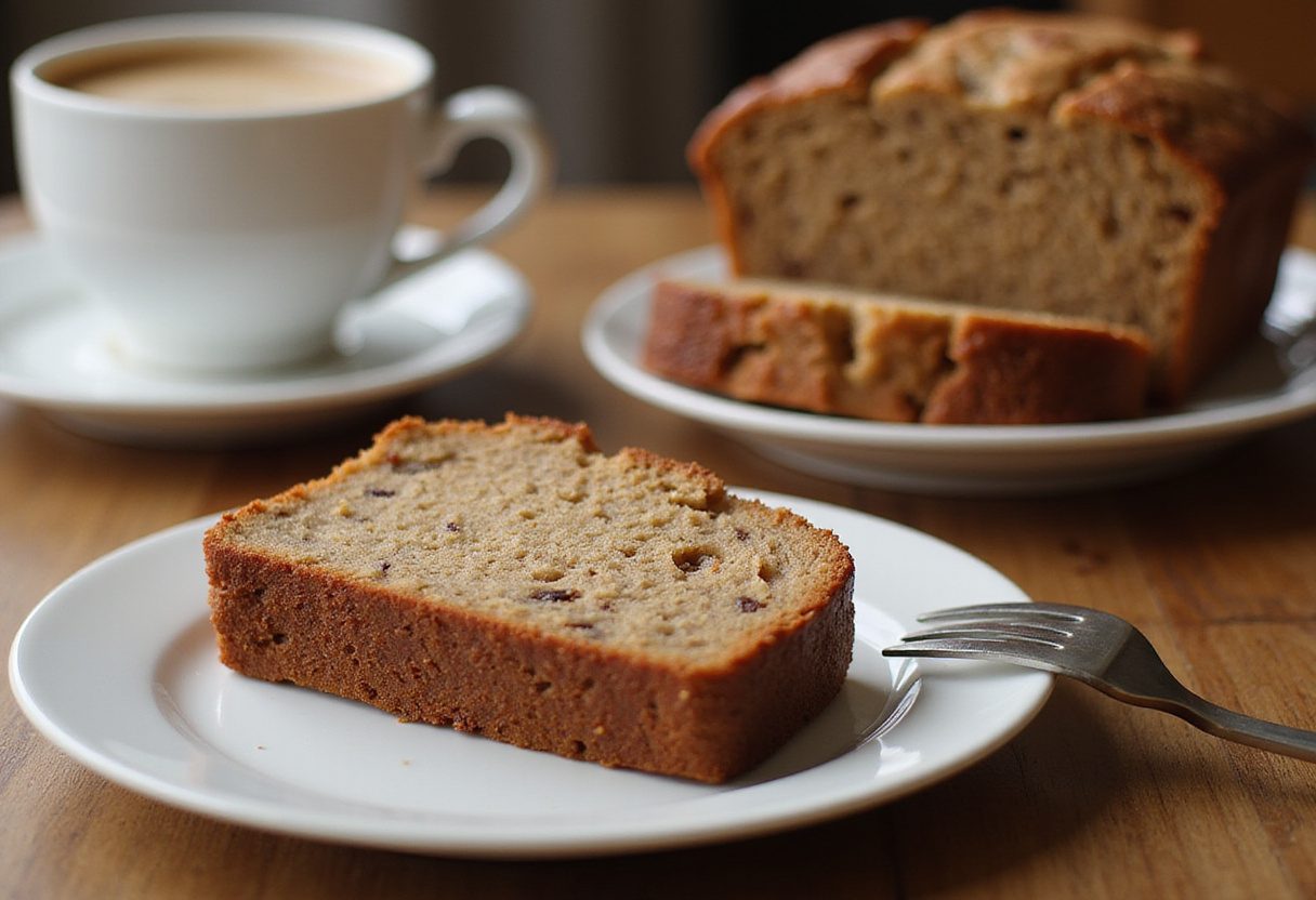 Delicious slice of homemade classic banana bread with coffee.