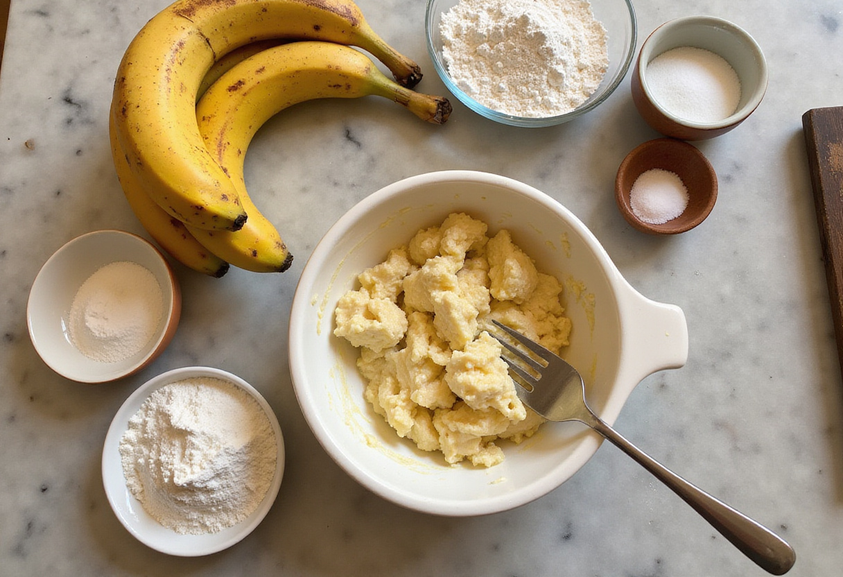 Classic Banana Bread 9 Mashing ripe bananas for homemade classic banana bread.