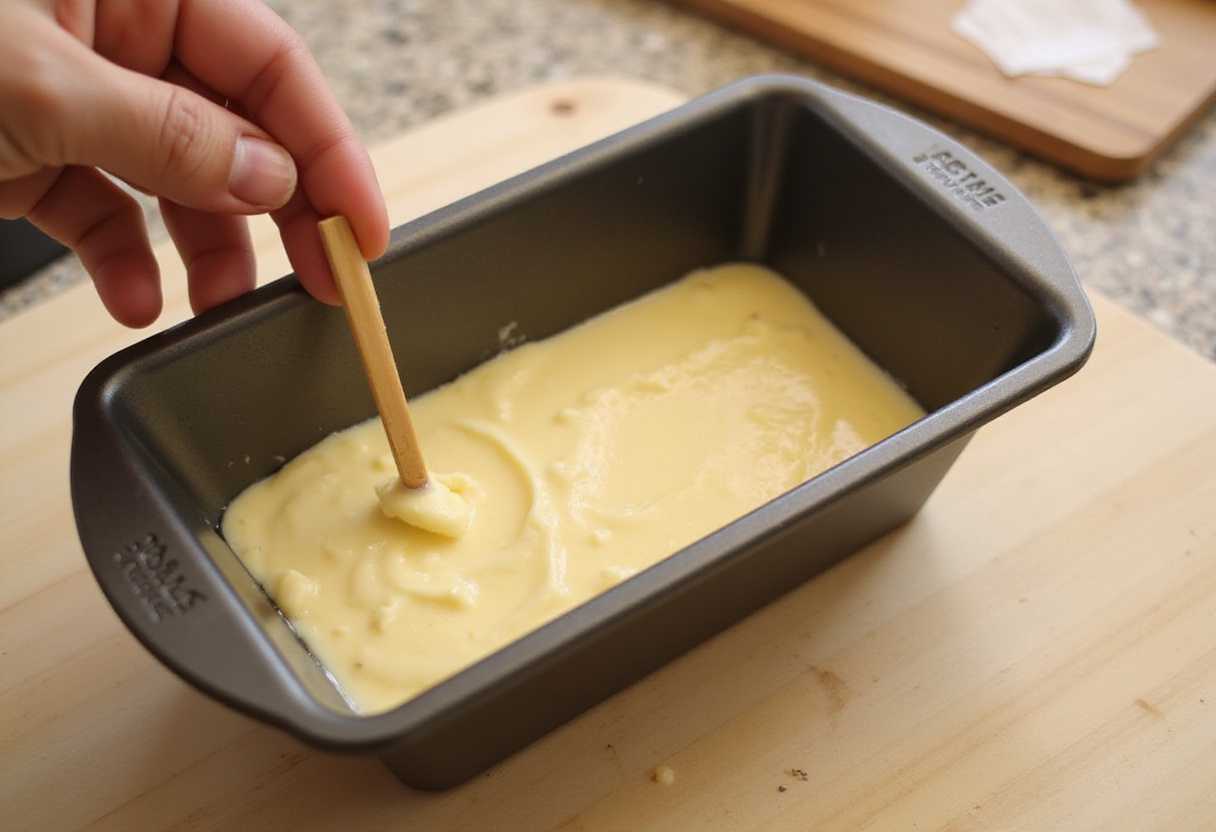 Classic Banana Bread 11 Preparing a loaf pan for baking classic banana bread.