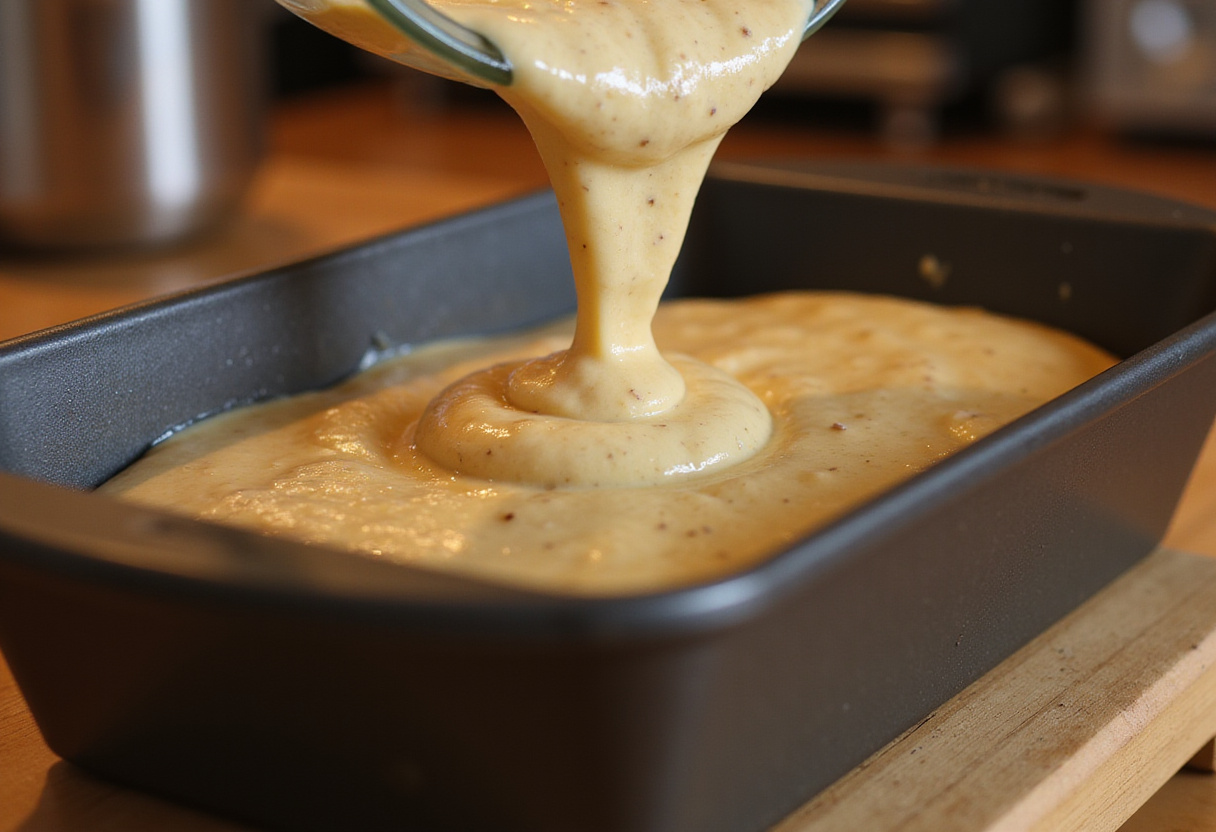 Classic Banana Bread 12 Pouring banana bread batter into a loaf pan.