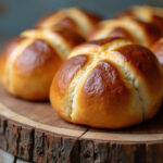 Freshly baked classic hot cross buns on a wooden board.