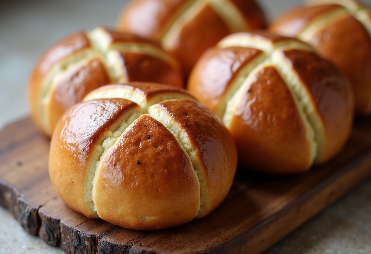 Freshly baked classic hot cross buns on a wooden board.
