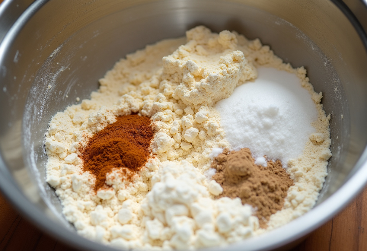 Ingredients for classic hot cross buns dough in a mixing bowl.