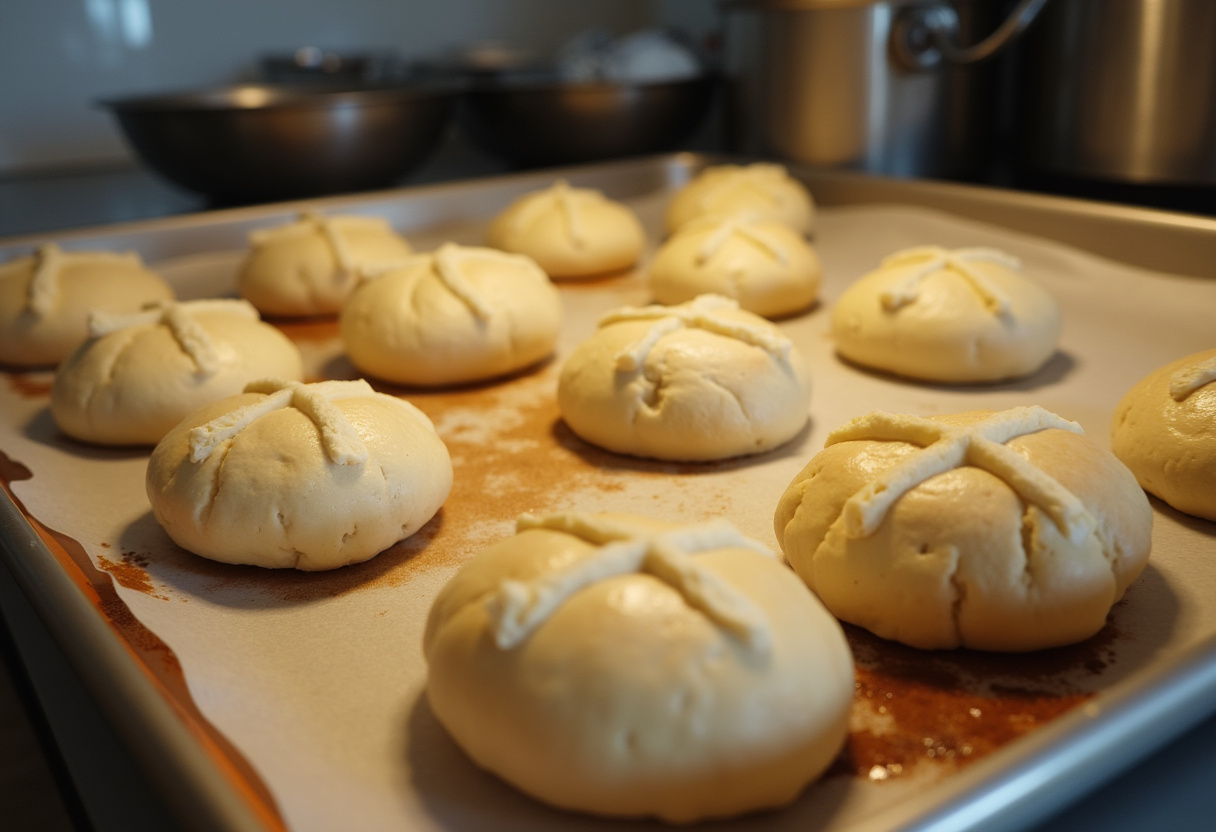 Proofed hot cross buns on a baking sheet ready for scoring.