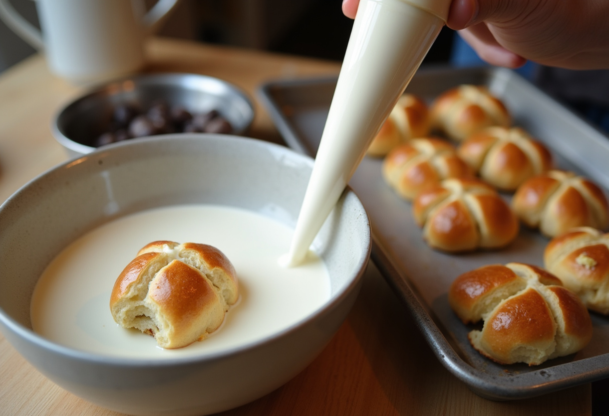 White paste in a bowl next to hot cross buns ready to be decorated.
