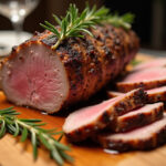 Carved roast leg of lamb with rosemary garnish, ready to serve.