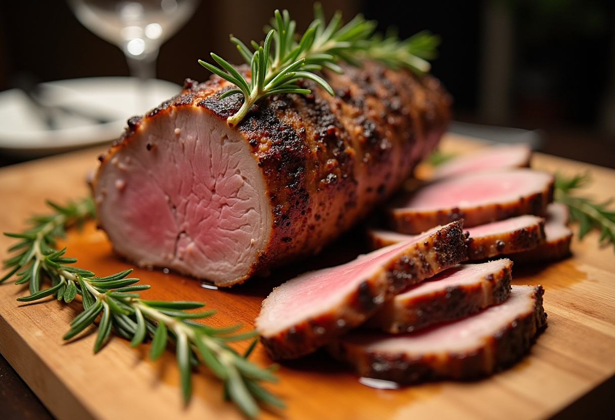 Carved roast leg of lamb with rosemary garnish, ready to serve.