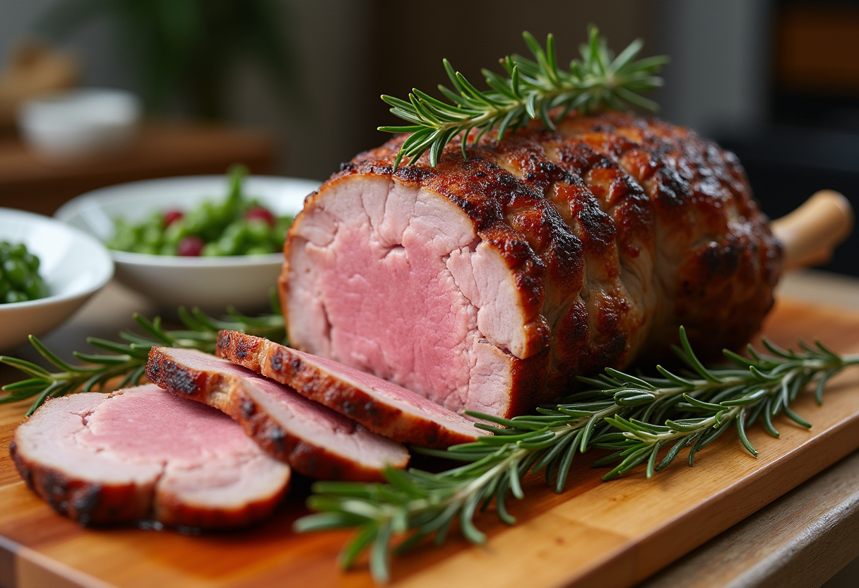 Carved roast leg of lamb with rosemary garnish, ready to serve.