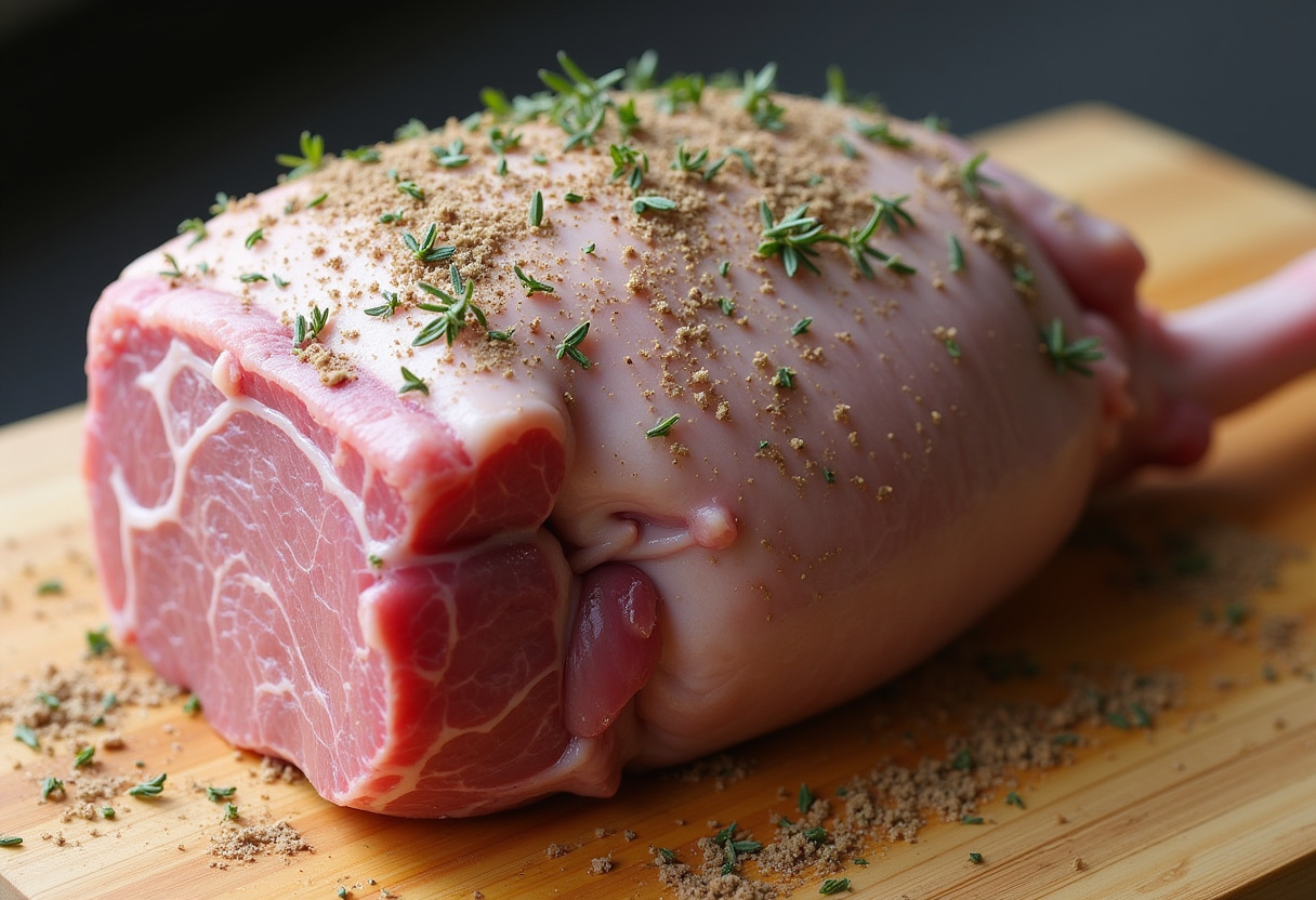 Raw leg of lamb seasoned with herbs ready for classic roast.