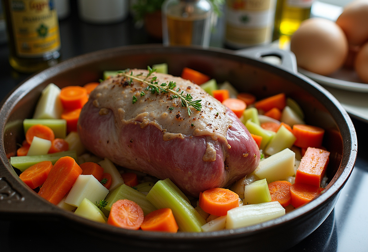 Vegetables in roasting pan prepared for roast leg of lamb.