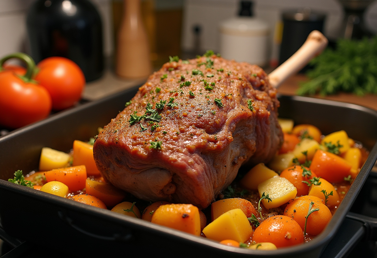 Seasoned lamb on vegetables in roasting pan ready for roasting.