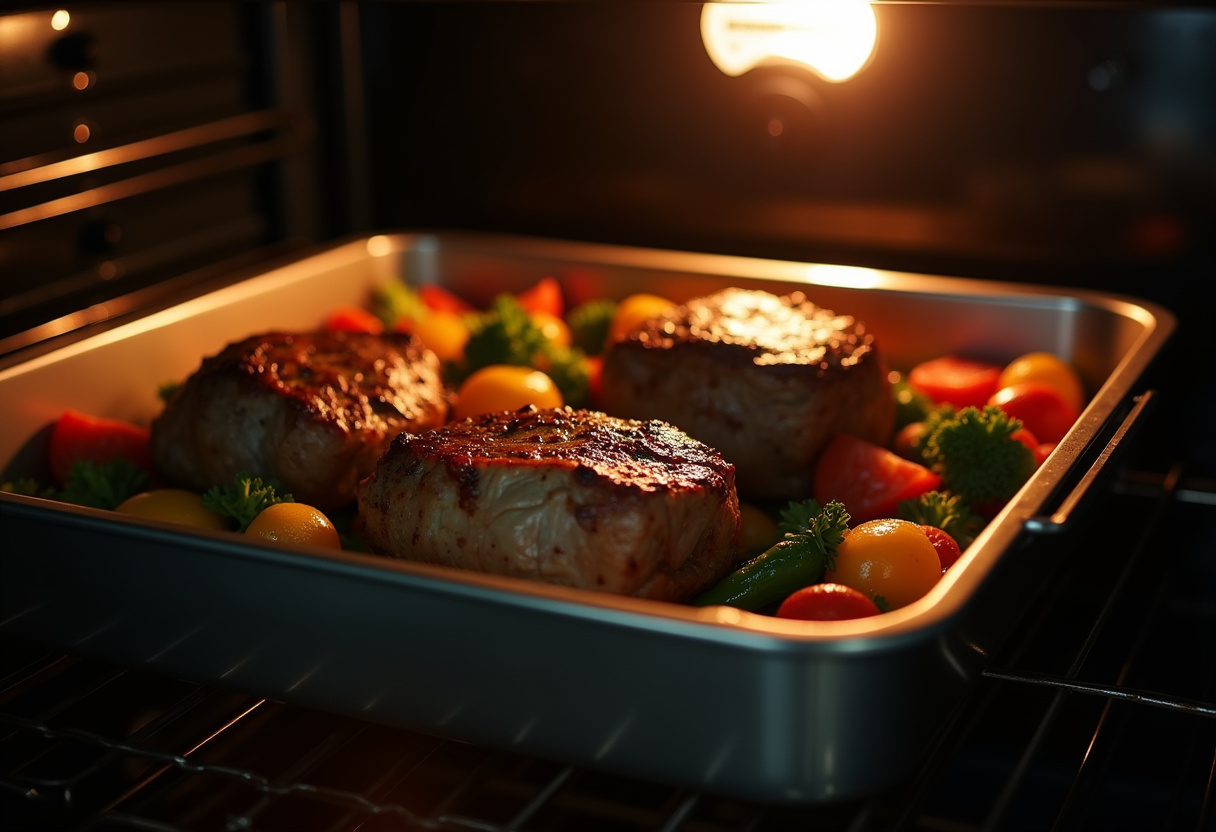 Roast leg of lamb being placed in the oven for cooking.