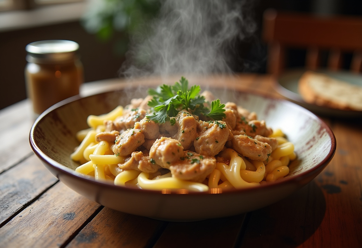 Delicious Cozy Crockpot Chicken Stroganoff served over egg noodles, garnished with parsley.