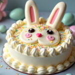 Finished Creamy Easter Bunny Cake decorated for Easter.