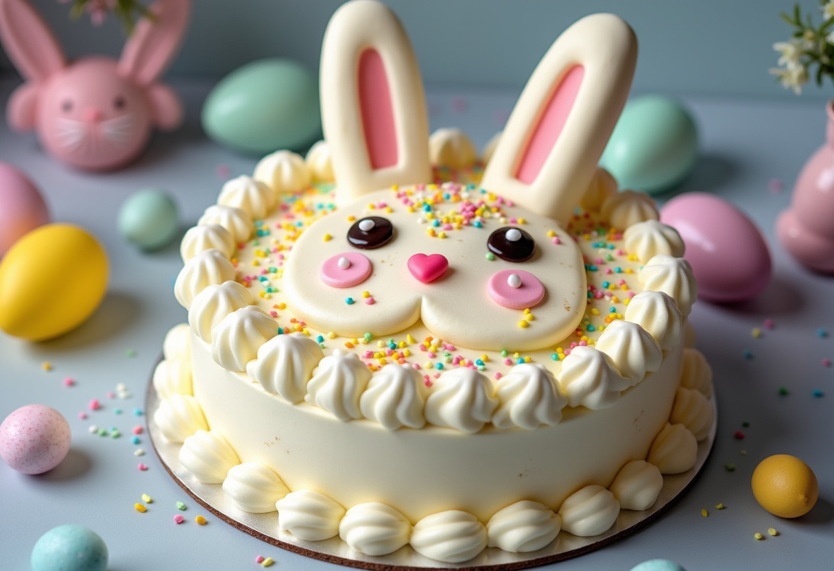 Finished Creamy Easter Bunny Cake decorated for Easter.