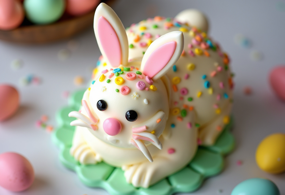 Finished Creamy Easter Bunny Cake decorated for Easter.