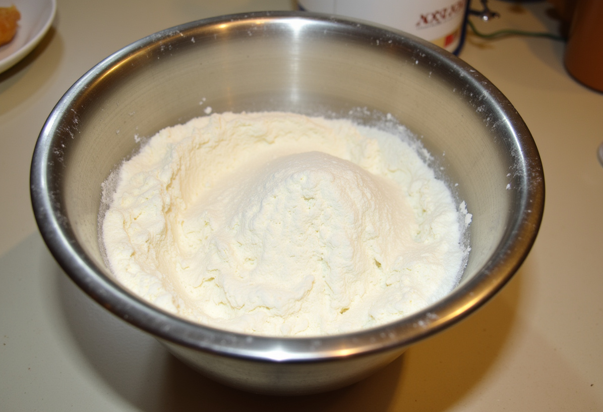 Dry ingredients for a Creamy Easter Bunny Cake in a mixing bowl.
