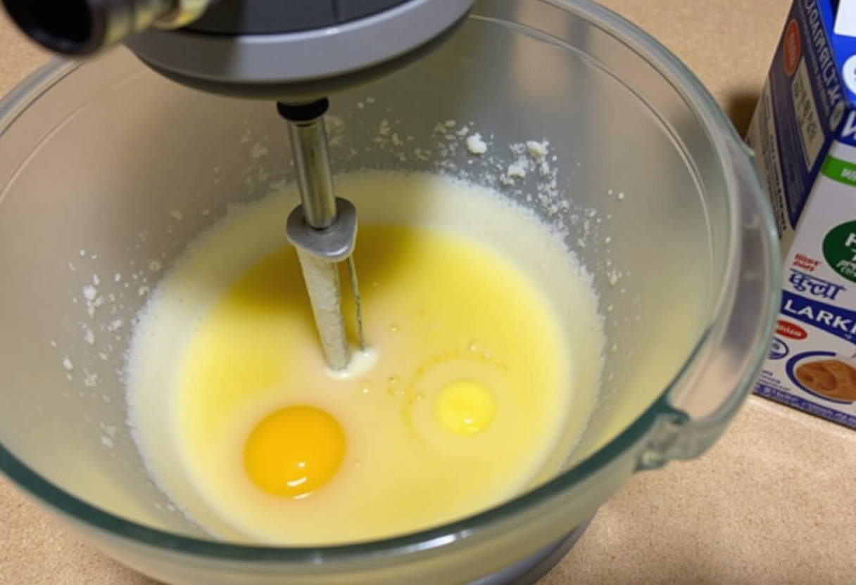 Cake batter being mixed for a Creamy Easter Bunny Cake.