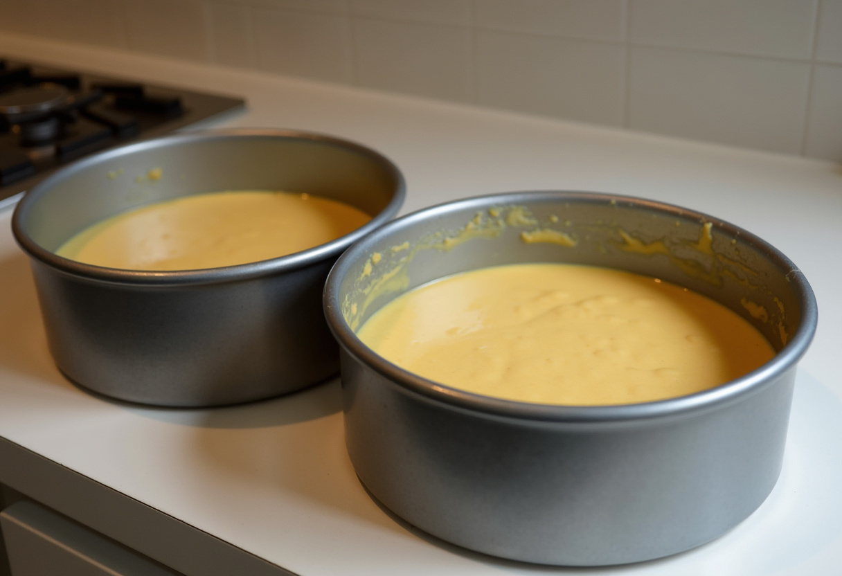 Cake batter in round pans ready for baking Creamy Easter Bunny Cake.